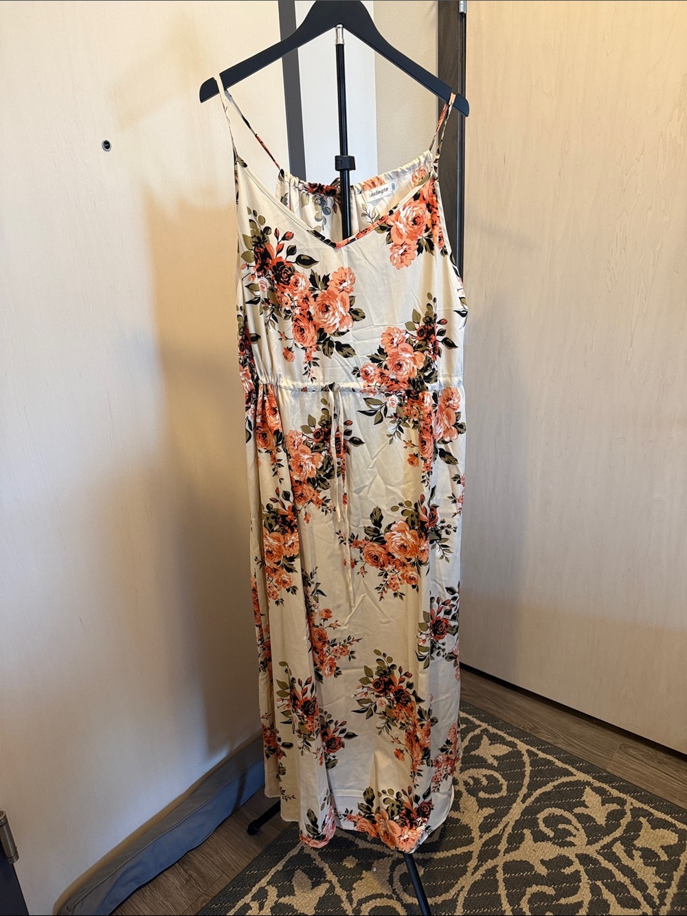 Floral Cream Maxi Dress with Peach Rose Print